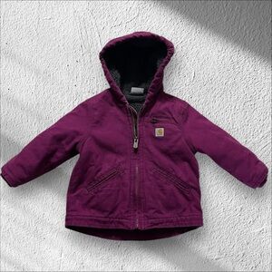 Carhartt Canvas Jacket Sherpa Lined Hooded Zip Purple Pink Girl 18 Months